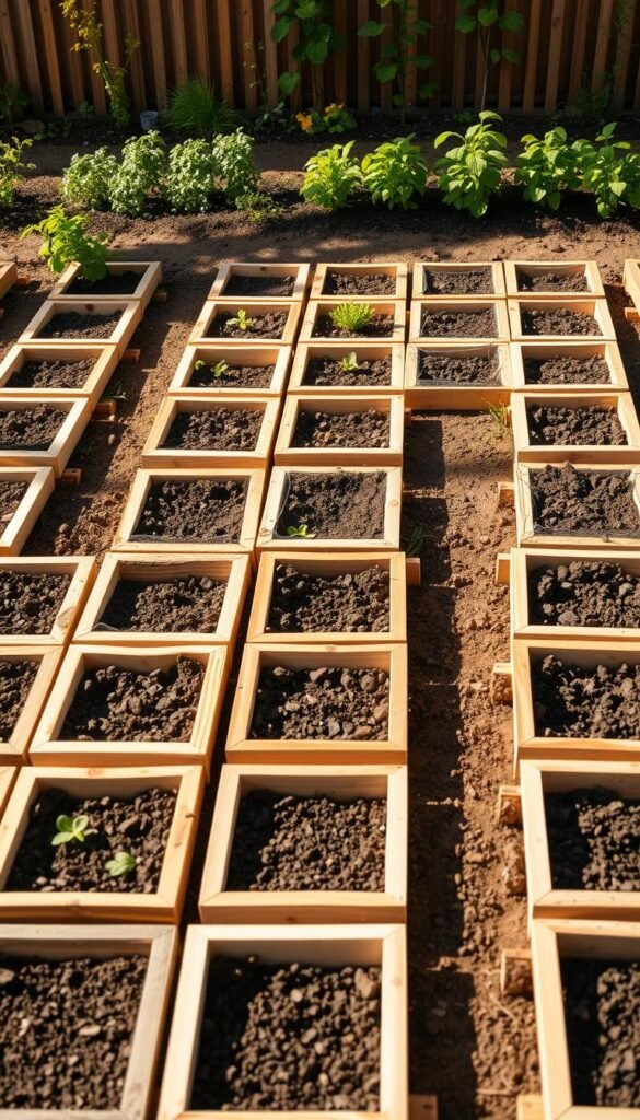 A neatly laid out square foot garden grid, featuring a well-organized layout of raised garden beds. The grid is composed of clean, evenly spaced wooden frames, each divided into 1x1 foot sections. The beds are filled with rich, dark soil, ready for planting a variety of vegetables, herbs, and flowers. The scene is bathed in warm, natural sunlight, creating a serene and inviting atmosphere. The overall composition emphasizes the orderly, modular structure of the square foot gardening system, with a focus on the practical and efficient use of limited garden space.