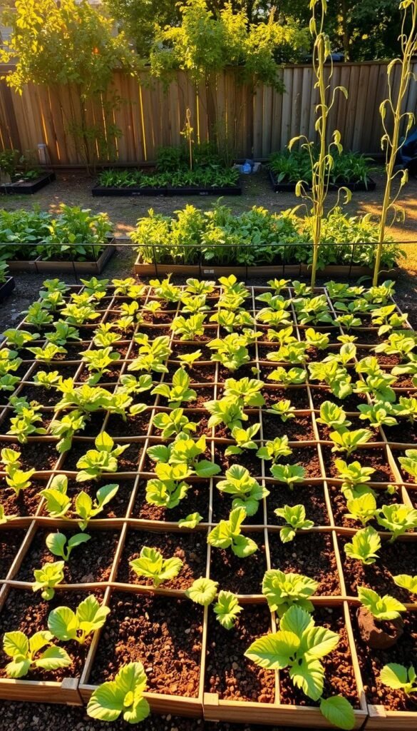 A neatly organized square foot gardening grid layout in an idyllic backyard setting. The grid consists of precisely measured 1-foot square sections, with lush, vibrant vegetation growing in each compartment. Warm, golden afternoon sunlight filters through the leaves, casting gentle shadows across the layout. The scene evokes a sense of order, productivity, and a harmonious connection between nature and human organization. The camera angle is slightly elevated, providing a comprehensive view of the structured garden bed, inviting the viewer to imagine the abundant, high-yield harvest this efficient system can provide.