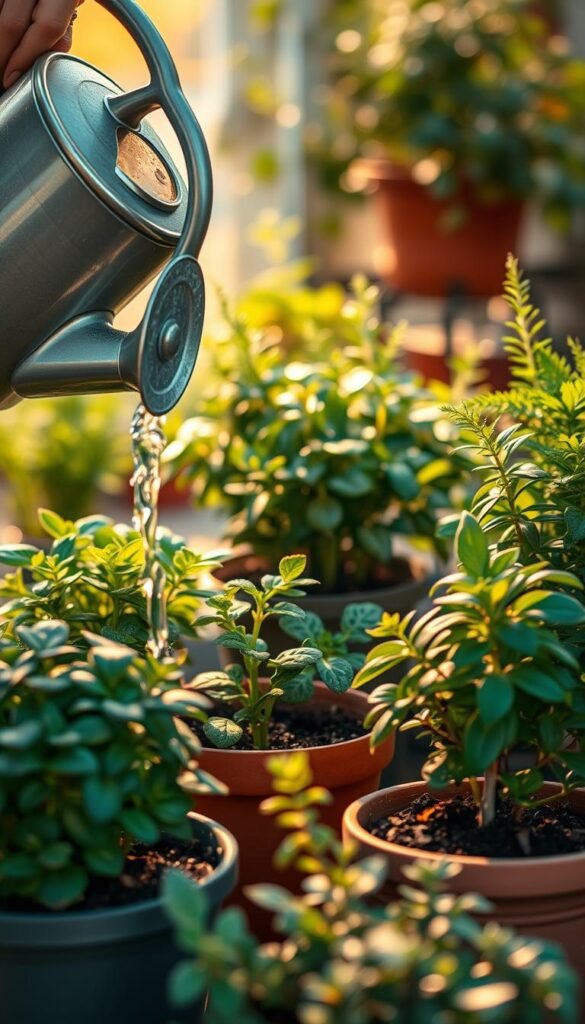 A person's hands carefully watering a collection of lush, thriving container plants. The foreground shows the watering can's spout gently pouring water onto the soil, creating a calming, soothing sound. The middle ground features an assortment of healthy, vibrant plants in various pots and planters, each with unique foliage and textures. The background is softly blurred, highlighting the focus on the watering action and the plants. Warm, natural lighting casts a golden glow, creating a serene, nurturing atmosphere. The overall scene conveys a sense of tranquility, demonstrating the care and attention needed to maintain healthy container gardens.