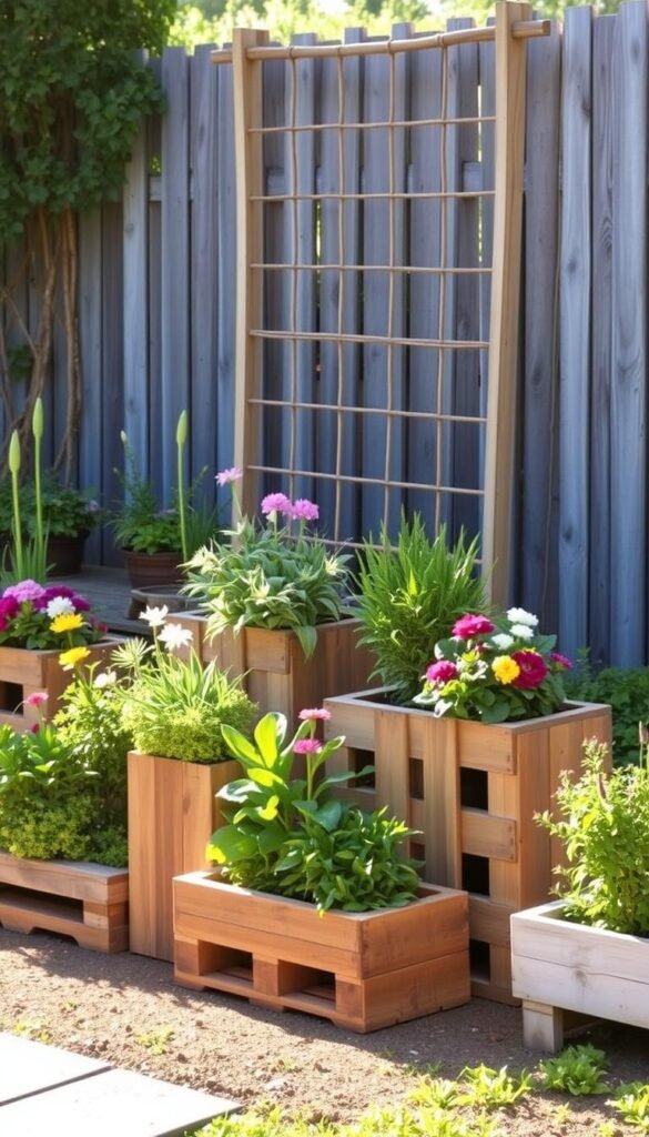 A rustic outdoor scene, featuring a collection of upcycled pallet planters in a variety of shapes and sizes. The planters are arranged in a visually appealing, staggered pattern, filled with lush greenery and colorful flowers. Warm, natural lighting casts a soft, golden glow, highlighting the weathered wood textures and the vibrant foliage. In the background, a simple garden trellis or fence provides a natural backdrop, adding depth and framing the scene. The overall composition conveys a sense of creativity, sustainability, and the beauty that can be found in repurposed materials.