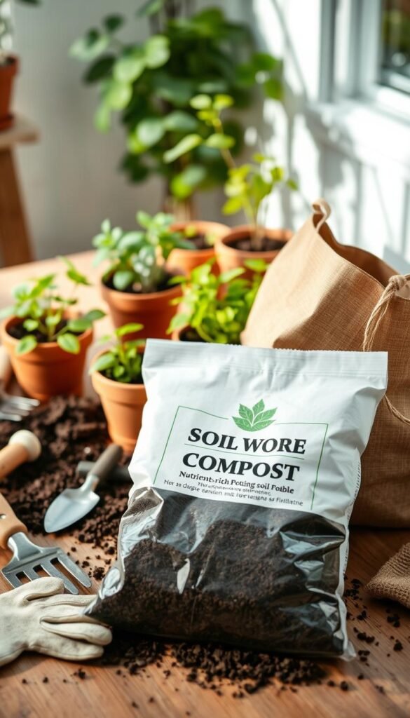 A serene, close-up view of a gardening table showcasing essential soil and fertilizer items. In the foreground, a bag of nutrient-rich potting soil and a bag of organic compost are arranged neatly. Surrounding them, various gardening tools like a trowel, gloves, and a small hand spade are scattered, conveying a sense of preparation. In the middle ground, a few terracotta pots filled with lush, thriving plants add a touch of verdant life. Soft, natural lighting filters in from the side, casting gentle shadows and highlighting the earthy tones of the scene. The overall mood is one of tranquility and dedication to nurturing a thriving indoor garden.