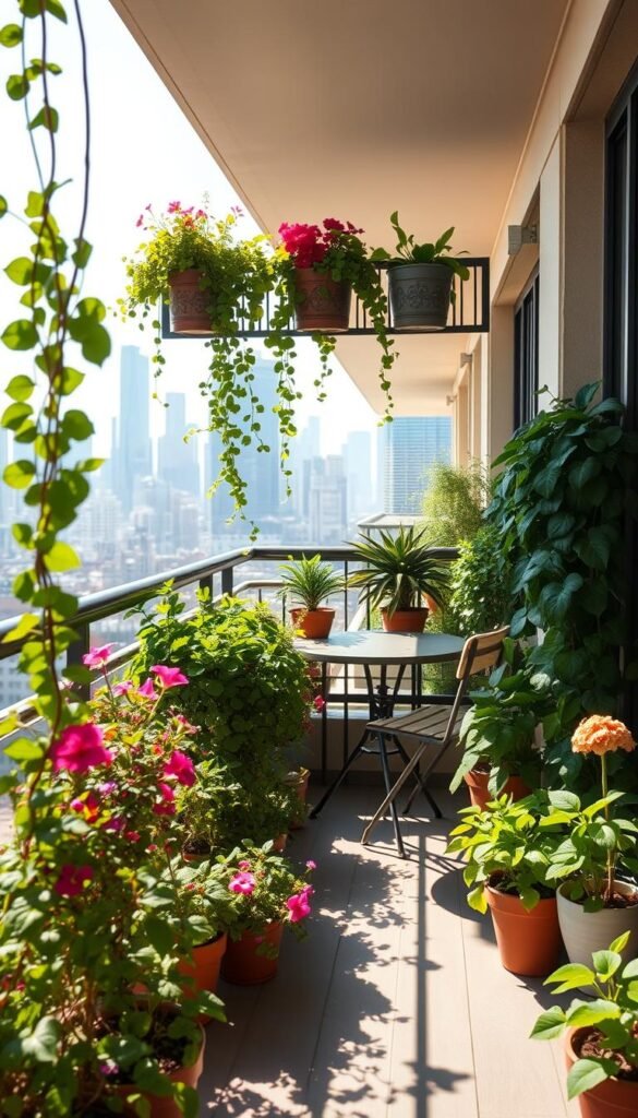 A serene, sun-dappled balcony with a carefully curated garden arrangement. In the foreground, a collection of lush, thriving potted plants - trailing vines, vibrant flowers, and verdant leafy greens. The middle ground features a cozy bistro table and chairs, inviting the viewer to imagine relaxing in this tranquil outdoor retreat. In the background, a railing with decorative planters spilling over the edge, framing the vista of a bustling city skyline. Warm, natural lighting bathes the scene, evoking a sense of calm and contemplation. The overall composition highlights the harmonious integration of nature and urban living, inspiring ideas for planning an inviting, functional balcony garden space.