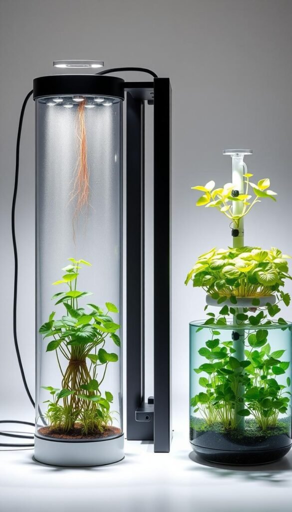 A side-by-side comparison of an aeroponic and a hydroponic plant system, showcased in a clean, well-lit studio setting. The aeroponic system features delicate roots suspended in a mist-filled chamber, while the hydroponic system displays lush, vibrant plants growing in a nutrient-rich water solution. The layout emphasizes the key differences between the two methods, with a crisp, neutral backdrop allowing the systems to take center stage. Subtle shadows and balanced lighting create depth and accentuate the intricate details of each setup. The overall composition highlights the unique advantages and applications of these cutting-edge gardening techniques.