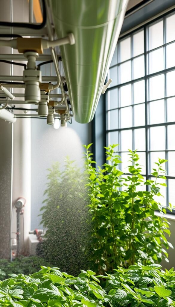 A sleek, modern aeroponic misting system suspended above a lush, verdant garden. In the foreground, a series of precisely angled nozzles mist a fine, gentle spray over the plants' roots, nourishing them with water and nutrients. The middle ground reveals the streamlined system of pipes and pumps, artfully arranged to ensure an efficient, uniform misting pattern. In the background, the vibrant foliage of the thriving plants stands tall, basking in the soft, even light filtered through a large, industrial-style window. The scene conveys a sense of technological innovation harmoniously blended with the natural beauty of the growing plants, creating an immersive and visually captivating representation of aeroponic gardening.