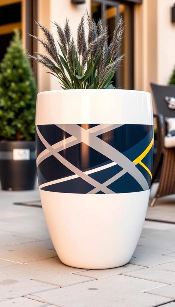 A sleek, modern patio container with a bold, graphic design. The container features a striking pattern of intersecting lines and geometric shapes in a bold, contrasting color palette of deep blues, grays, and accents of bright citrus yellow. The container has a smooth, eggshell-like finish that catches the warm, soft light of the patio setting. The design is visually striking yet maintains a sense of minimalist elegance, creating a sophisticated and stylish focal point for the outdoor living space.