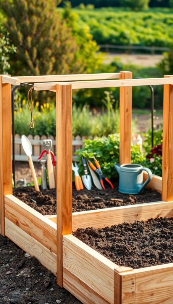 A sturdy wooden raised garden bed takes shape in the foreground, its freshly sanded boards gleaming under the soft, warm lighting. The frame, meticulously constructed with precision joints, stands ready to welcome an abundance of soil and future thriving plants. In the middle ground, a variety of gardening tools - trowels, pruners, and a watering can - are neatly arranged, hinting at the care and attention that will be lavished upon this garden oasis. The background showcases a lush, verdant landscape, suggesting the bountiful harvest to come from this well-designed raised bed.