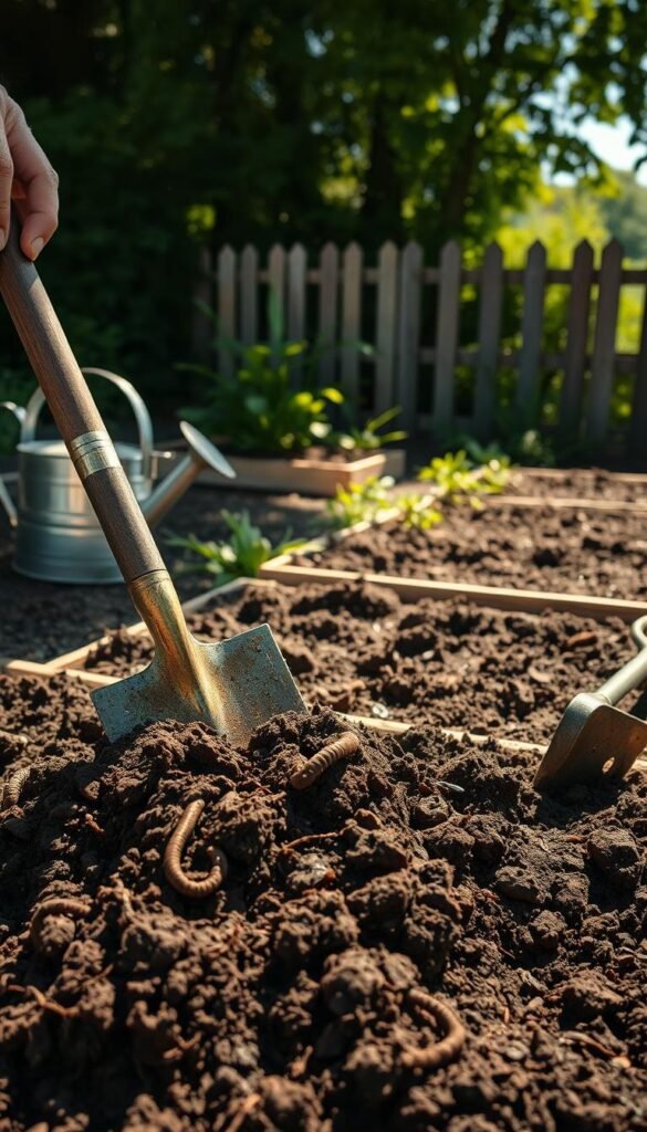 A sun-dappled garden scene, a gardener's hands carefully turning and loosening the rich, dark soil with a sturdy spade. The soil is crumbly and moist, revealing earthworms and other beneficial organisms. In the background, neatly tilled garden beds await planting, surrounded by lush greenery and a picturesque wooden fence. The lighting is warm and natural, casting gentle shadows that convey the peaceful, meditative nature of traditional dig gardening. A vintage-style metal watering can and gardening tools lie nearby, suggesting a connection to time-honored gardening practices. The overall composition evokes a sense of hard work, attention to detail, and a deep respect for the land.