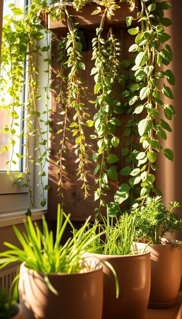 A sun-drenched vertical garden brimming with lush, vibrant herbs. Trailing vines of fragrant oregano, basil, and rosemary cascade down a rustic wooden planter, their leaves gently swaying in a light breeze. In the foreground, a pair of ceramic pots hold thriving chives and parsley, their delicate fronds reaching towards the warm afternoon light filtering through a nearby window. The scene is bathed in a soft, golden glow, creating an inviting, cozy atmosphere perfect for an urban oasis. Captured with a wide-angle lens to showcase the vertical garden's efficient use of limited space, the image perfectly illustrates the potential of apartment gardening.