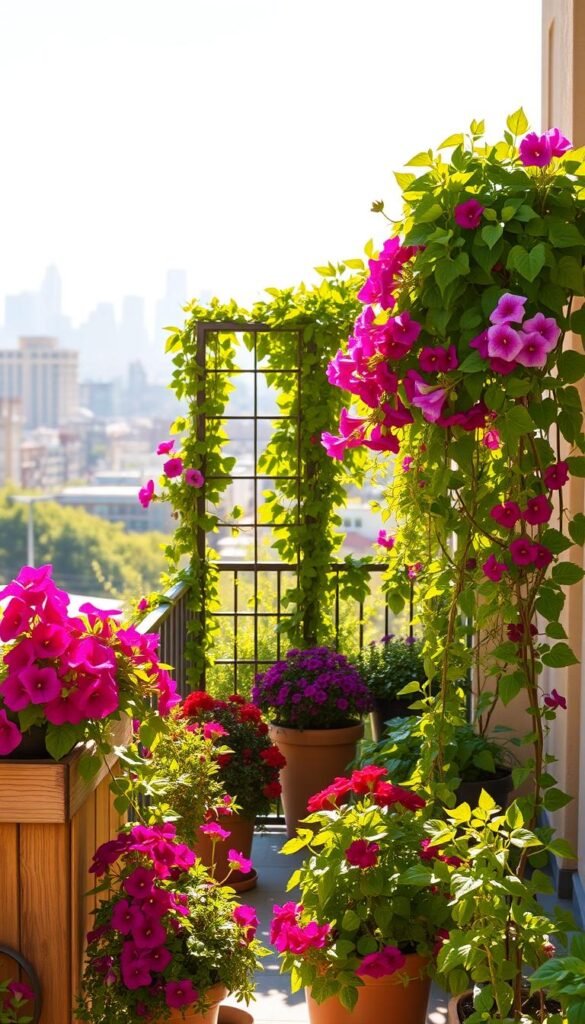 A sunny, vertically-oriented balcony garden, lush with cascading vines, trailing flowers, and potted plants. The foreground features an assortment of colorful blooms - bright fuchsias, purple petunias, and crimson geraniums - spilling over the edges of rustic wooden planters. In the middle ground, a trellis supports climbing vines, their leaves dappling the space with delicate shadows. The background showcases the city skyline, hazy in the distance, creating a sense of urban tranquility. Warm, golden light filters through, casting a soft, inviting glow and highlighting the vibrant, well-tended greenery. The overall composition conveys a serene, nature-infused oasis amidst the bustling city.