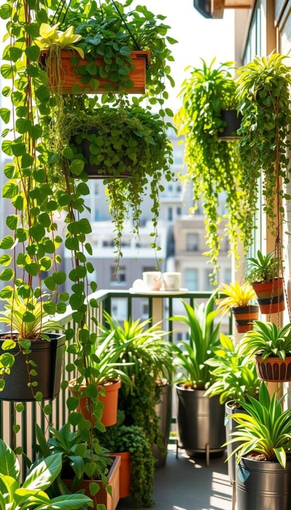 A verdant oasis on a sun-drenched balcony, lush vertical gardening solutions cascade from hanging planters and tiered shelves. Trailing vines and leafy greens create a layered, textural scene, their vibrant hues accentuated by warm, natural lighting. A mix of planters, from rustic wood to sleek metal, are arranged in an aesthetically pleasing layout, maximizing the limited space. The overall atmosphere is one of urban tranquility, showcasing how even the smallest of outdoor areas can be transformed into a thriving, space-efficient sanctuary.