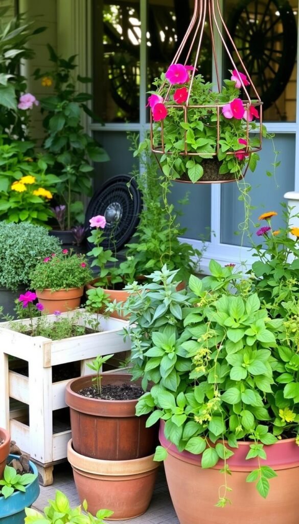 A vibrant DIY container garden filled with lush greenery and colorful flowers. The foreground showcases a variety of repurposed containers - old pots, crates, and even a hanging basket made from a wire frame. The middle ground features a mix of thriving herbs, succulents, and trailing vines cascading over the edges. The background sets a serene mood with soft natural lighting, perhaps a window or partial shade from trees. The overall scene exudes a sense of resourcefulness, creativity, and the beauty that can be achieved through budget-friendly container gardening.