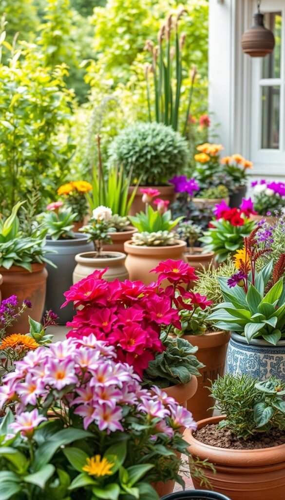A vibrant and inviting container garden showcase in a warm, natural setting. In the foreground, an artfully arranged display of flourishing potted plants, their colors and textures creating a visually captivating tableau. The middle ground features a variety of eye-catching container styles, from sleek modern planters to rustic earthenware, each showcasing a stunning floral composition. The background sets the scene with a lush, verdant backdrop, perhaps a well-tended garden or a cozy patio, bathed in soft, diffused sunlight that enhances the overall ambiance. The scene exudes a sense of harmony, inspiration, and the joyful celebration of nature's beauty within an intimate, personalized outdoor space.
