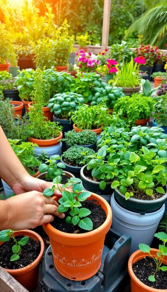 A vibrant container garden filled with lush, thriving plants, showcasing various planting techniques. In the foreground, a gardener's hands delicately transplanting a young seedling into a terracotta pot, with soil gently packed around the roots. In the middle ground, an array of containers of different sizes, shapes, and materials, each holding a diverse selection of herbs, vegetables, and flowering plants, arranged in a visually appealing layout. The background features a soothing natural setting, with a warm, golden sunlight filtering through, casting soft shadows and highlighting the textures of the plants. The overall scene conveys a sense of harmony, productivity, and the joy of container gardening.