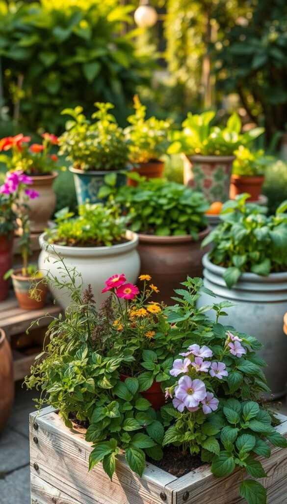 A vibrant container garden wish list, showcasing an array of lush greenery and colorful blooms. In the foreground, a mix of potted herbs, trailing vines, and compact flowering plants adorn a rustic wooden planter. The middle ground features a selection of larger containers, housing thriving vegetables and foliage plants, illuminated by warm, natural lighting. In the background, a backdrop of verdant foliage and a tranquil garden setting create a serene, inviting atmosphere. The overall composition conveys a sense of abundance, potential, and the joy of nurturing a thriving container garden. Captured with a crisp, clean lens, this image evokes the spirit of a beginner's container gardening journey.