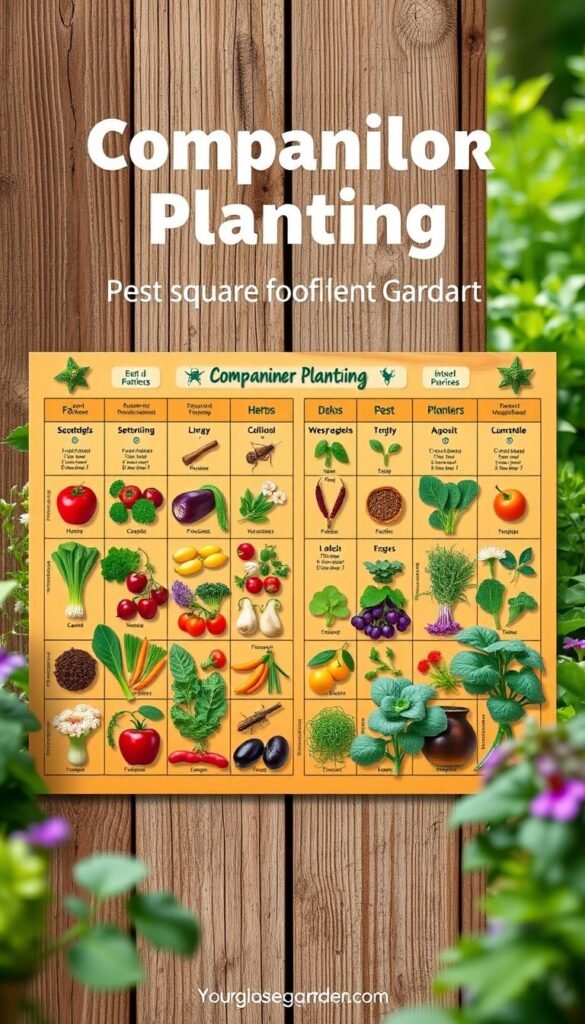 A vibrant, detailed companion planting chart showcasing effective plant pairings for pest management in a square foot garden. The chart is presented on a rustic wooden background, with a warm, earthy color palette. In the foreground, various vegetables, herbs, and flowers are arranged in a grid layout, highlighting their complementary relationships. The middle ground features illustrations or icons denoting pest-repelling properties and beneficial plant interactions. The background subtly suggests a lush, thriving garden scene, with a soft, diffused lighting that enhances the natural, organic feel of the composition. The overall image conveys a sense of knowledge, practicality, and the harmony of a well-designed square foot garden.