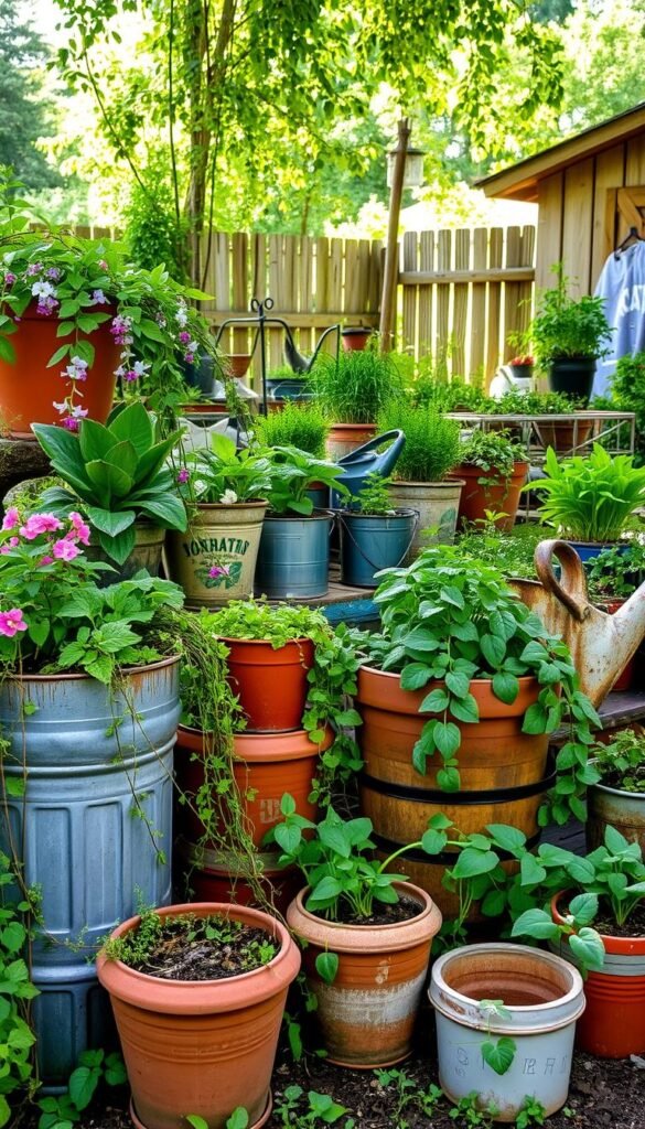 A vibrant garden scene with an assortment of repurposed containers brimming with lush greenery. In the foreground, a collection of weathered terracotta pots, galvanized buckets, and reclaimed wooden planters overflow with cascading vines and trailing flowers. The middle ground features a mixture of upcycled vessels, from vintage watering cans to reclaimed tin cans, all bursting with thriving herbs and vegetables. In the background, a rustic fence line and a hint of a shed provide a natural, eco-friendly backdrop, with dappled sunlight filtering through the foliage. The overall atmosphere conveys a sense of sustainability, creativity, and the beauty that can emerge from repurposed materials.