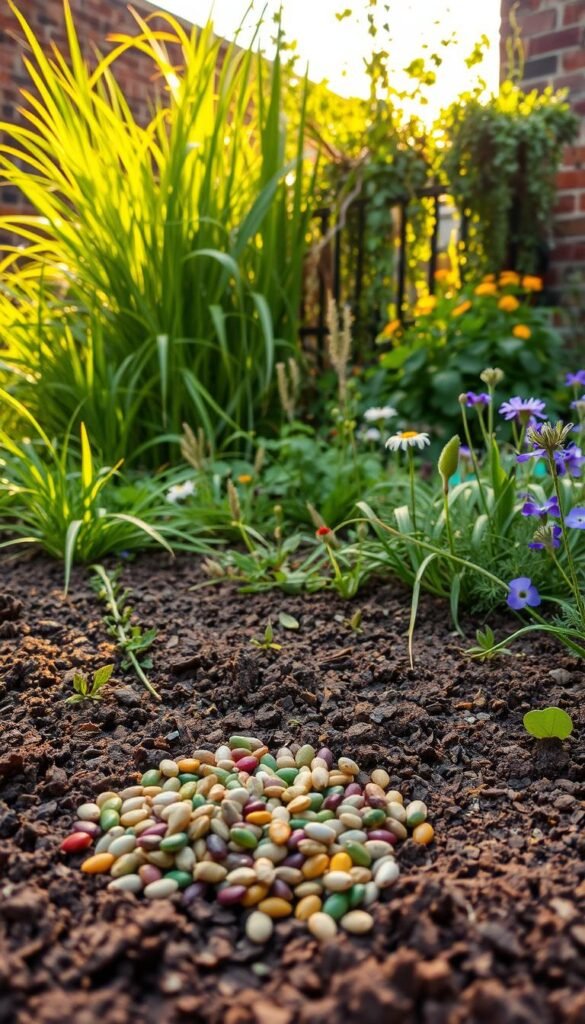 A vibrant, naturalistic scene depicting the "scatter seeds method" for urban chaos gardening. In the foreground, a handful of heirloom seeds are scattered over rich, tilled soil, their colors and textures detailed. The mid-ground showcases lush, diverse foliage - grasses, wildflowers, and cascading vines - in a harmonious, untamed layout. Warm, diffused sunlight filters through the canopy, casting a golden glow and creating soft shadows. The background hints at the urban environment with glimpses of weathered brick walls or fences, creating a sense of tranquil refuge amidst the chaos. The overall composition conveys a sense of abundance, spontaneity, and the beauty in nature's untamed expression.