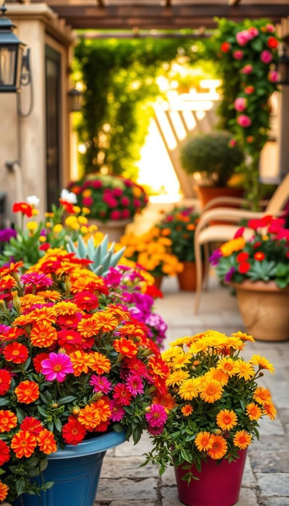 A vibrant patio filled with an abundance of easy-care flowers. In the foreground, a curated display of cheerful marigolds, petunias, and zinnias cascading from colorful planters. The middle ground showcases lush, drought-tolerant succulents and trailing vines, their textures and colors creating a visually striking contrast. In the background, a soft-focus impression of a sun-dappled trellis or pergola, hinting at the cozy, inviting atmosphere. Warm, diffused lighting highlights the flowers' natural beauty, capturing the essence of a low-maintenance, yet visually captivating patio oasis.