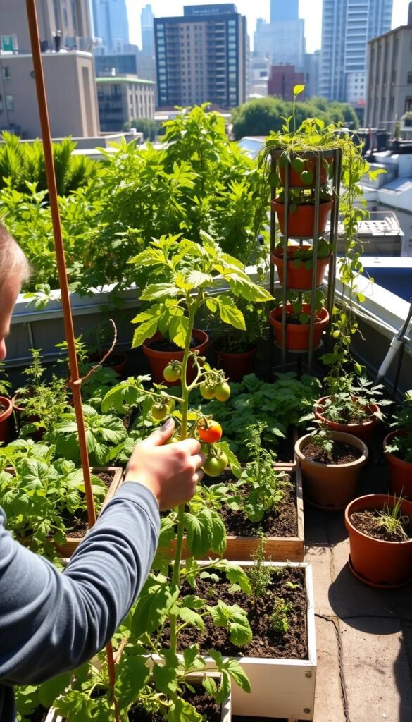 A vibrant urban rooftop garden, the morning sun casting warm light across thriving vegetable beds and potted plants. In the foreground, a person carefully tends to a struggling tomato plant, using a trellis to provide support and pruning away dead leaves. In the middle ground, unique vertical growing systems make efficient use of limited space, with cascading vines and trailing herbs. Lush greenery fills the background, creating a sense of tranquility amidst the bustling city skyline. The overall scene exudes a tone of determination and perseverance, showcasing the rewarding challenge of urban gardening.