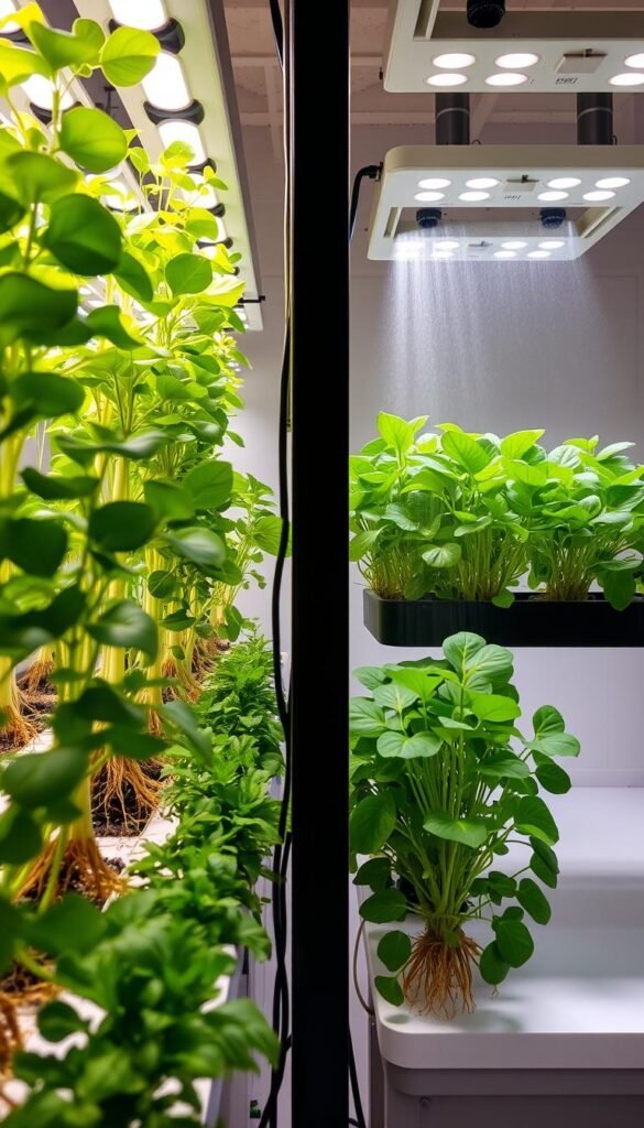 A vibrant, well-lit hydroponic and aeroponic gardening system, showcasing the key pros and cons of each method. In the foreground, lush, verdant plants thrive in a hydroponic setup, their roots suspended in a nutrient-rich solution. Beside it, an aeroponic system sprays a fine mist onto the plant roots, demonstrating its water and nutrient efficiency. The middle ground features a side-by-side comparison, visually highlighting the advantages and disadvantages of each approach. The background is a clean, minimalist environment, allowing the gardening systems to take center stage. The overall mood is one of scientific curiosity and horticultural experimentation, inviting the viewer to explore the nuances of these two dynamic growing methods.