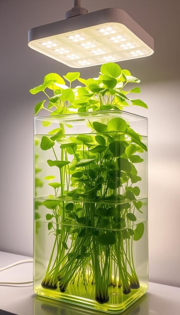 A water-efficient hydroponic system with a sleek, modern design. A transparent acrylic tank filled with lush green plants, their roots suspended in a nutrient-rich water solution. Bright, full-spectrum LED lights illuminate the setup, casting a warm glow. The system's compact footprint and minimalist aesthetic make it perfect for an indoor urban garden. Precise water and nutrient controls ensure optimal growing conditions, enabling year-round cultivation of fresh produce. A streamlined, energy-efficient system that showcases the benefits of hydroponic technology for sustainable, space-saving home gardening.