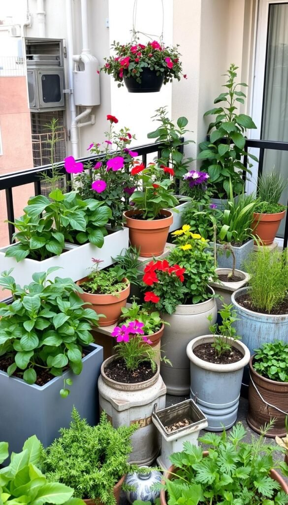 A well-designed balcony garden, with an arrangement of various containers filled with lush greenery, vibrant flowers, and thriving herbs. The containers range from sleek modern planters to rustic weathered pots, strategically placed to create a harmonious, visually appealing display. Soft, warm lighting casts a gentle glow, accentuating the textures and colors of the plants. The scene exudes a sense of tranquility and the joy of cultivating a personal oasis, inviting the viewer to imagine the possibilities of container gardening on a small urban patio or balcony.