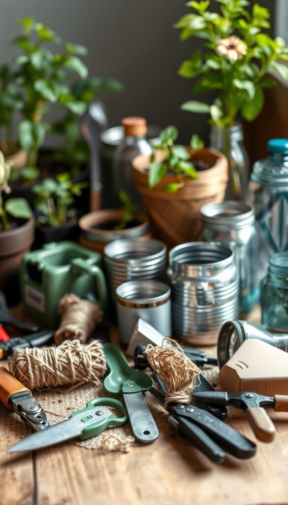A well-lit, close-up photograph of an assortment of eco-friendly DIY container gardening tools and materials laid out on a wooden surface. The foreground features a selection of hand tools such as pruners, trowels, and small shovels, along with jute twine, burlap, and a small watering can. The middle ground includes various recycled containers like tin cans, glass jars, and plastic bottles, each showcasing their potential as unique planters. The background softly blurs, highlighting the natural textures and earthy tones of the scene, conveying a sense of rustic simplicity and sustainability.