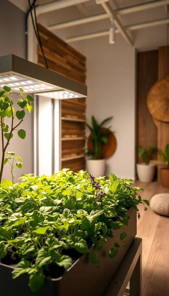 A well-lit, detailed hydroponic system setup in a minimalist, modern indoor garden. The foreground features a raised hydroponic planter with lush, flourishing leafy greens and herbs. In the middle ground, a sleek, transparent grow box with LED grow lights illuminates the plants. The background showcases a chic, airy space with natural textures like wood and stone, creating a serene, spa-like atmosphere. The camera angle is slightly elevated, capturing the entire system from an optimal vantage point. The overall mood is one of tranquility, productivity, and a harmonious fusion of nature and technology.