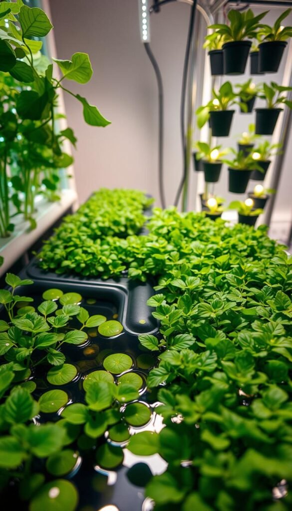 A well-lit, high-angle photograph showcasing various hydroponic system types. In the foreground, a deep water culture setup with lush, verdant plants floating on a clear nutrient-rich solution. In the middle ground, a nutrient film technique system with narrow channels guiding a thin film of water over the roots. In the background, a vertical tower garden with stacked pots arranged in a elegant, modern design. The lighting is soft and diffused, creating a warm, inviting atmosphere that highlights the different hydroponic methods and their unique characteristics. The overall composition is balanced and visually engaging, conveying the versatility and beauty of these innovative gardening systems.