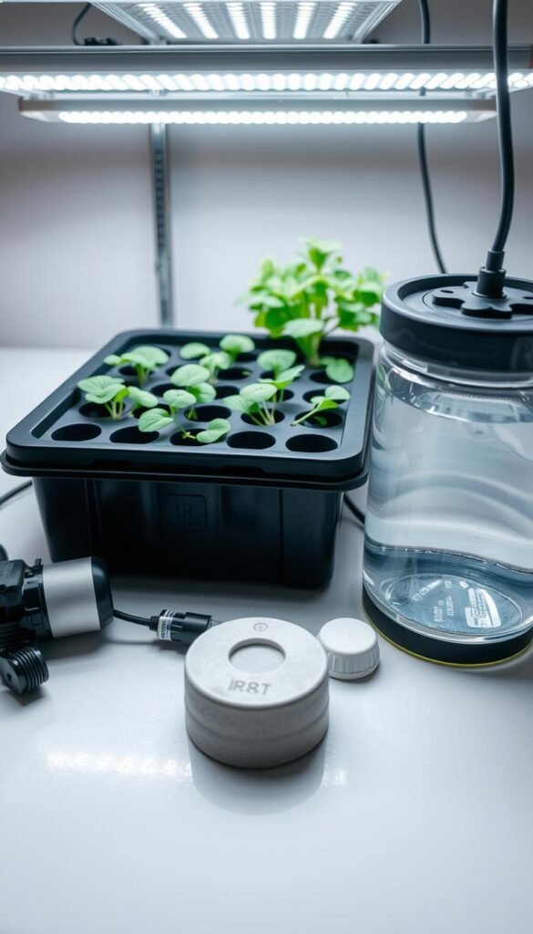 A well-lit, high-resolution close-up photograph of key hydroponic system components, including a growing tray, water pump, air stone, nutrient reservoir, and grow lights, all arranged neatly on a clean, neutral-colored surface. The components should be sharply in focus, showcasing their intricate design and functionality, with a sense of technical precision and attention to detail. The overall composition should convey a clear, informative, and visually appealing representation of the essential elements required for a successful hydroponic gardening setup.