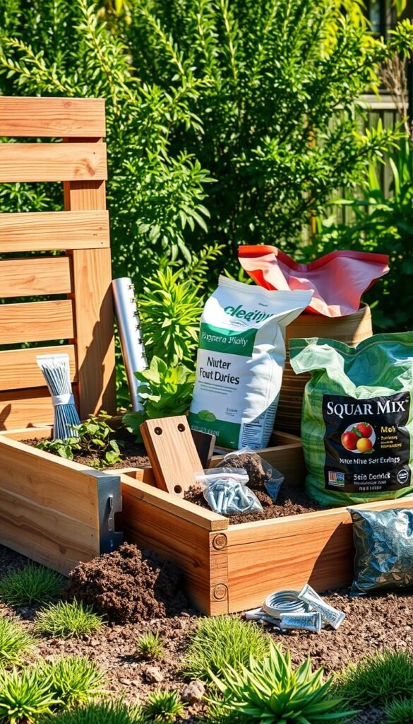 A well-lit, high-resolution photograph of an artfully arranged assortment of materials for building a raised garden bed, including untreated cedar or redwood planks, galvanized steel or aluminum edging, sturdy hardware, and bags of nutrient-rich soil mix or compost. The scene is set against a backdrop of lush greenery, with natural lighting casting warm, soft shadows to create a serene, inviting atmosphere. The composition emphasizes the textures, colors, and quality of the materials, showcasing their suitability for a DIY square foot gardening project.