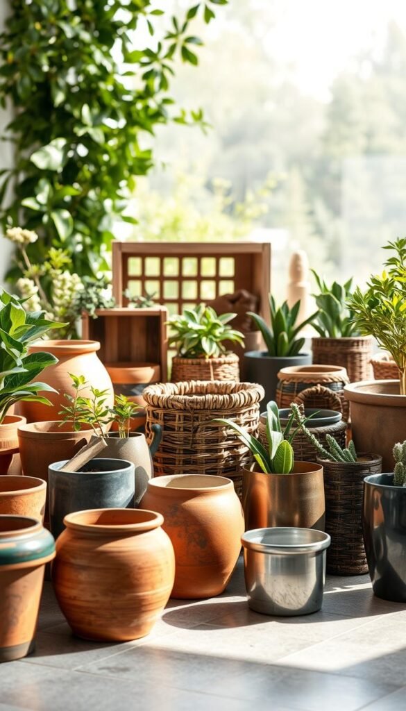 A well-lit, high-resolution photograph of an artfully curated array of diverse flower container materials, showcasing a harmonious blend of textures, colors, and shapes. In the foreground, a selection of terracotta pots, glazed ceramic vessels, and sleek metal planters, each casting soft, naturalistic shadows. The middle ground features a mix of woven baskets, wooden crates, and repurposed household items, creating a visually interesting and eco-friendly display. In the background, a gentle, out-of-focus backdrop of lush greenery and soft, diffused lighting, lending an airy, serene atmosphere to the overall composition.