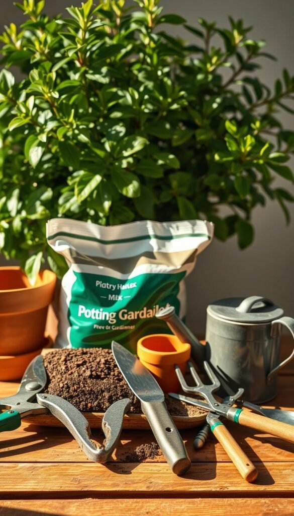 A well-lit, highly detailed still life composition of an array of essential container gardening tools and supplies. Prominently featured in the foreground are a selection of hand tools, including pruning shears, a trowel, a hand cultivator, and a small gardening fork. In the middle ground, a bag of potting mix, a watering can, and a small terracotta pot sit atop a wooden surface. In the background, a lush, verdant plant serves as a naturalistic backdrop, casting soft shadows across the scene. The lighting is natural and warm, creating a mood of tranquility and productivity. The overall composition is balanced and visually appealing, showcasing the key tools and materials needed for successful container gardening.