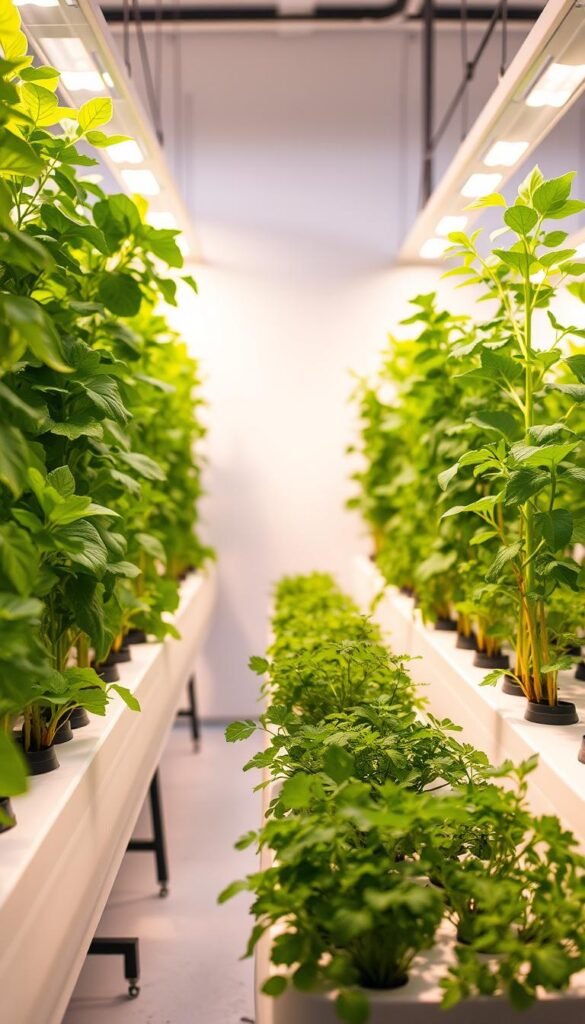 A well-lit hydroponic garden filled with vibrant, healthy plants thriving in a pristine, minimalist indoor setting. A variety of leafy greens, herbs, and compact vegetable plants stand tall in sleek, modern hydroponic systems, bathed in warm, diffused lighting that casts gentle shadows. The foreground showcases the lush, verdant foliage in crisp detail, while the middle ground features the clean, streamlined hydroponic setups. The background subtly fades into a clean, white backdrop, creating a sense of focus on the thriving, easy-to-grow hydroponic plants.