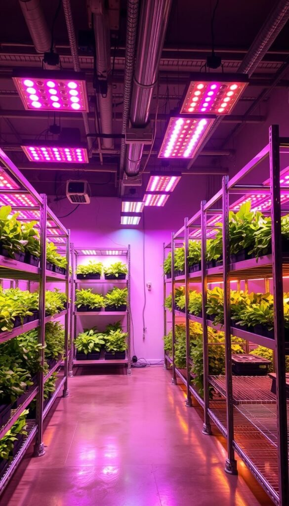 A well-lit hydroponic grow room, bathed in the warm glow of LED grow lights suspended from the ceiling. Precision-engineered fixtures emit an array of color spectrums, tailored to optimizing photosynthesis in leafy greens and herbs. Sturdy metal shelving units hold a variety of hydroponic systems, from deep water culture to nutrient film technique, each one a self-contained oasis of lush, vibrant foliage. The room's polished concrete floor reflects the radiant, even lighting, creating a sense of balance and order. The air is filled with the earthy scent of thriving plants, a testament to the carefully controlled environment. This setup promises a bountiful, year-round harvest, allowing indoor gardeners to enjoy fresh produce regardless of the season.