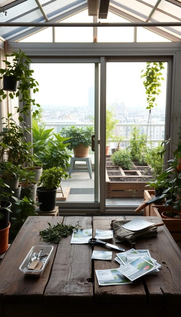 A well-lit indoor greenhouse filled with lush potted plants, surrounded by an airy outdoor garden with raised vegetable beds, separated by a large sliding glass door. Soft natural light filters through the glass, creating a harmonious blend of the two contrasting growing environments. In the foreground, a weathered wooden table displays gardening tools and seed packets, inviting the viewer to explore the distinct strategies for urban horticulture. The background features a cityscape, hinting at the challenges and opportunities of apartment living. The overall scene conveys a sense of tranquility, productivity, and the balance between cultivating plants indoors and outdoors.