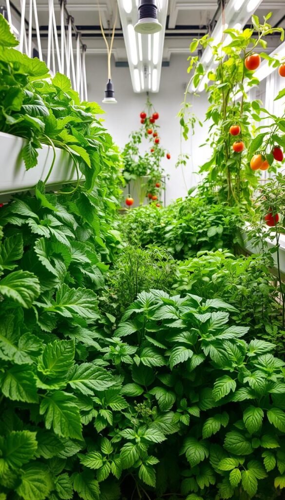 A well-lit indoor hydroponic garden showcasing a wide variety of flourishing plants. In the foreground, lush leafy greens such as kale, spinach, and bok choy cascade beautifully from suspended grow beds. The middle ground features an assortment of vibrant herbs, including basil, mint, and cilantro, their colors and textures contrasting delightfully. In the background, taller plants such as tomatoes and peppers reach towards the ceiling, bathed in the soft glow of adjustable LED grow lights. The overall scene conveys a sense of abundance, vitality, and the joy of self-sufficient, year-round indoor gardening.