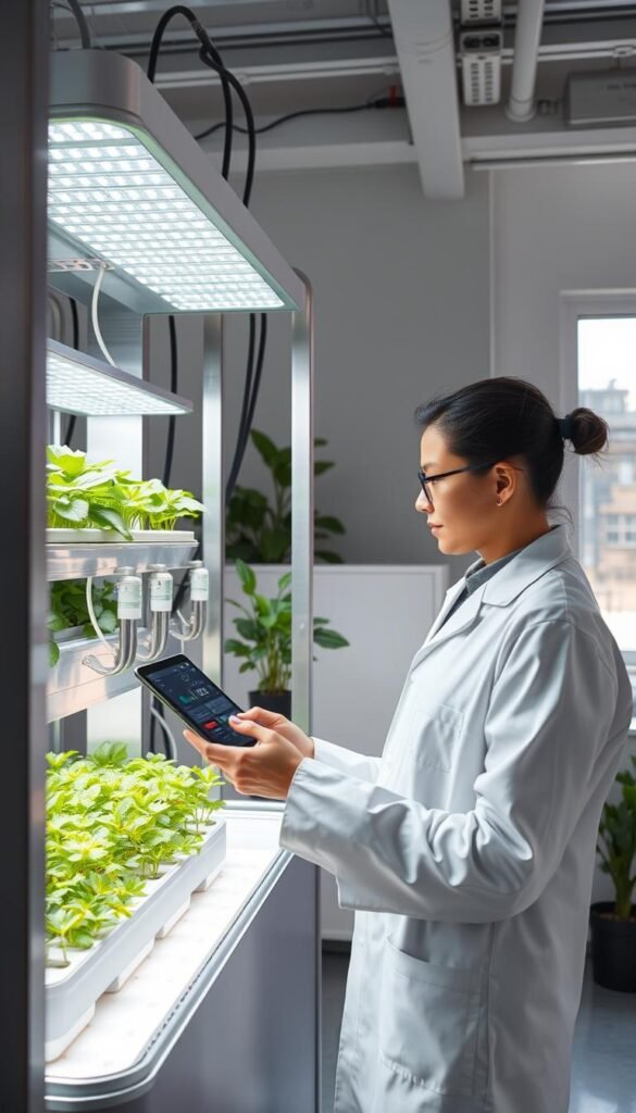 A well-lit indoor hydroponic garden with a person in a white lab coat carefully examining a lush, verdant plant growing in a sleek, modern hydroponic system. The system features a transparent water reservoir, LED grow lights, and a series of nutrient-rich water pumps. The person is holding a digital tablet, closely monitoring the system's vital stats. The room has a clean, minimalist aesthetic with smooth, metallic surfaces and ample natural light filtering in through large windows. The overall atmosphere is one of precise, scientific control over the growing environment, creating an optimal setting for year-round indoor hydroponic gardening.