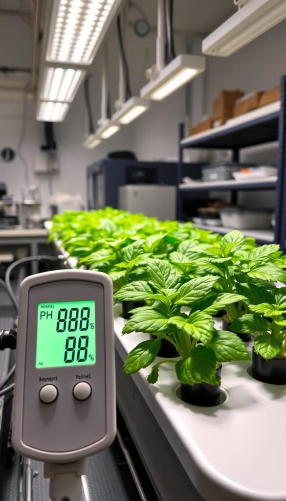 A well-lit laboratory setting, with a modern hydroponic system taking center stage. In the foreground, a digital pH meter displays the precise levels of the nutrient solution, its readout illuminated by soft, indirect lighting. The middle ground showcases lush, verdant plants thriving in their carefully curated hydroponic environment, their leaves glistening with healthy moisture. In the background, scientific equipment and meticulously organized shelves hint at the precision and attention to detail required for optimal hydroponic cultivation. The overall atmosphere conveys a sense of scientific inquiry and environmental control, perfectly suited for the "Optimizing Your Hydroponic Environment" section.