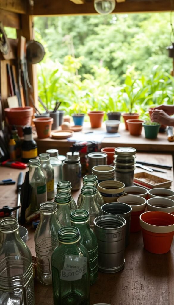 A well-lit workbench with an assortment of repurposed containers, tools, and gardening supplies. In the foreground, a row of empty plastic bottles, tin cans, and ceramic pots are neatly arranged. In the middle ground, hands carefully drill drainage holes and add soil to the containers. The background features lush greenery, suggesting a relaxing outdoor setting. The scene conveys a sense of resourcefulness, sustainability, and the joy of DIY container gardening.