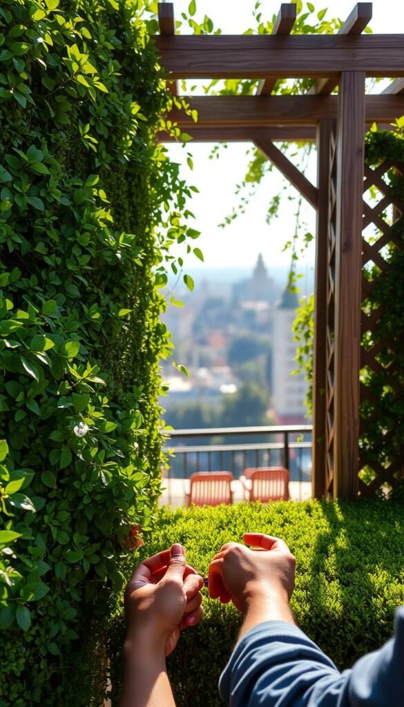 A well-maintained vertical garden with lush, vibrant greenery cascading down neatly trimmed hedges. In the foreground, a gardener's hands carefully pruning and tending to the plants, their movements precise and methodical. Sunlight filters through the verdant foliage, casting a warm, natural glow across the scene. In the middle ground, a sturdy, weathered wooden trellis provides the structural framework for the garden, its intricate lattice-work creating dynamic shadows and patterns. The background features a serene, blurred urban landscape, hinting at the garden's integration with the built environment. The overall atmosphere is one of tranquility, order, and a harmonious balance between nature and human stewardship.