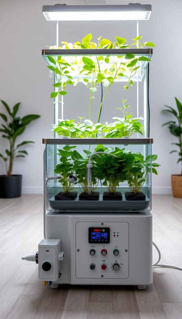 A well-organized DIY hydroponic system setup with a clear overview of the essential components. The foreground features a transparent grow bed filled with lush green plants, illuminated by soft, natural lighting from above. The middle ground showcases the main control unit with intuitive digital displays, pumps, and tubing in a compact, modular design. The background fades into a minimalist, neutral-toned room setting, emphasizing the system's integration into a modern home environment. The overall mood is one of simplicity, efficiency, and the beauty of self-sustaining indoor gardening.