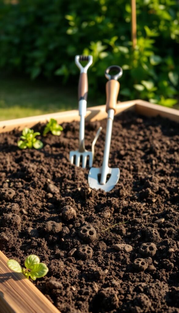 A well-tended raised garden bed, its soil meticulously prepared for planting. In the foreground, rich, dark earth tilled and aerated, ready to nourish the future crops. Mid-frame, a collection of essential gardening tools - a trowel, a cultivator, and a hand fork - stand at the ready. The background features a lush, verdant backdrop, hinting at the verdant abundance to come. Warm, natural lighting bathes the scene, casting gentle shadows and highlighting the texture of the soil. The composition is balanced, drawing the eye to the center of the frame, inviting the viewer to envision themselves tending to this thriving, productive garden bed.