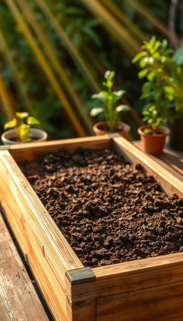 A wooden planter box on a weathered outdoor table, filled with rich, dark homemade compost. The compost is a blend of decomposed plant matter, eggshells, and coffee grounds, creating a nutrient-dense soil base for container gardening. Rays of warm, golden sunlight filter through the scene, casting a cozy, inviting glow. The textured surface of the compost is visible, hinting at the organic matter and microbial activity within. In the background, lush greenery and a few small potted plants suggest a thriving, self-sustaining gardening setup. The overall atmosphere conveys the satisfaction and cost-savings of making your own compost for container gardening.