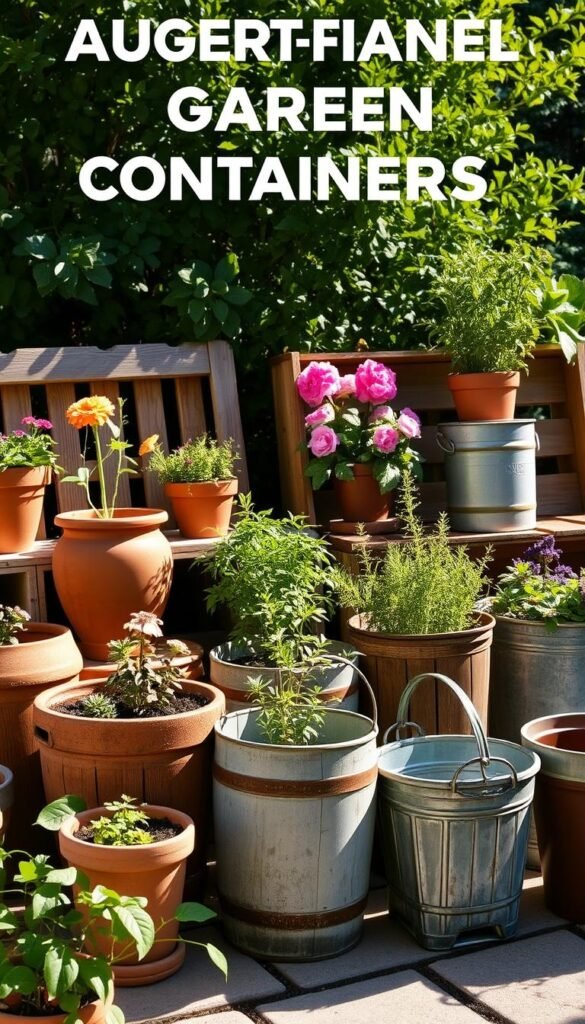 Affordable garden containers: an array of rustic, weathered planters on a sun-dappled patio. Terracotta pots, wooden crates, and upcycled metal buckets stand in elegant arrangement, casting soft shadows. A lush backdrop of greenery adds depth and vitality. Warm, natural lighting highlights the textures and earthy tones, creating an inviting, budget-friendly scene. The containers are scaled to suit a range of plants, from vibrant flowers to cascading herbs. This versatile, cost-effective setup inspires creativity and self-expression in the garden, embodying the essence of budget-friendly container gardening.