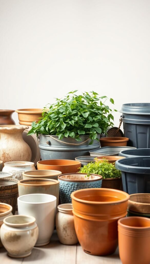 An array of diverse container materials laid out in a well-lit studio setting. Gleaming ceramic pots, weathered wooden planters, sleek metal tubs, and sturdy plastic bins are displayed in the foreground, allowing for a detailed comparison of their textures, colors, and design features. In the middle ground, lush greenery spills over the container rims, highlighting their suitability for plant life. The background is softly blurred, maintaining the focus on the containers themselves. The overall mood is one of thoughtful consideration, encouraging the viewer to carefully evaluate the merits of each material for their unique gardening needs.