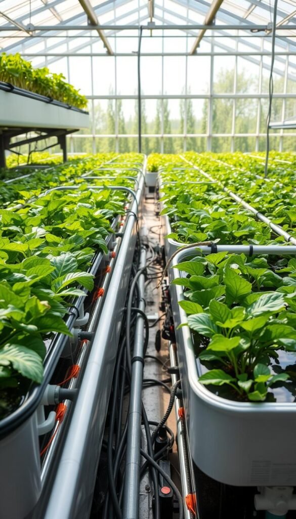 An expansive aquaponic system set against a serene backdrop. In the foreground, a carefully cultivated vegetable garden thrives, its lush foliage and vibrant colors contrasting with the sleek, modern aquaculture tanks. In the middle ground, a network of pipes and filters facilitate the symbiotic flow of nutrients between the fish and plants. The background showcases a panoramic view of a verdant, sunlit greenhouse, its glass panels reflecting the natural light and creating a warm, inviting atmosphere. The composition is balanced, with a seamless integration of the organic and the technological, capturing the harmony and efficiency of this sustainable closed-loop system.