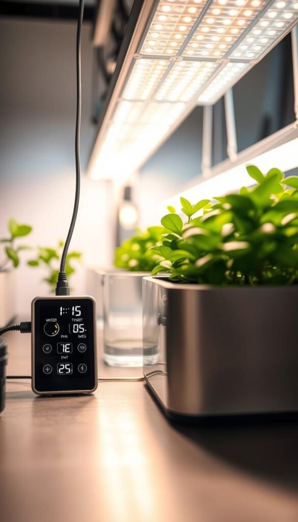 An ingenious hydroponic monitoring system, showcasing an array of sleek, interconnected sensors and displays. In the foreground, a compact control panel features digital readouts tracking water pH, temperature, and nutrient levels. Suspended above, a state-of-the-art LED grow light bathes the lush, verdant plants in a warm, inviting glow. In the middle ground, a transparent nutrient reservoir reflects the soft lighting, while the background reveals a meticulously organized, minimalist setup - clean lines, brushed metal accents, and a crisp, technologically-advanced aesthetic. The scene conveys a sense of precision, efficiency, and the rewarding harmony between modern technology and nature.