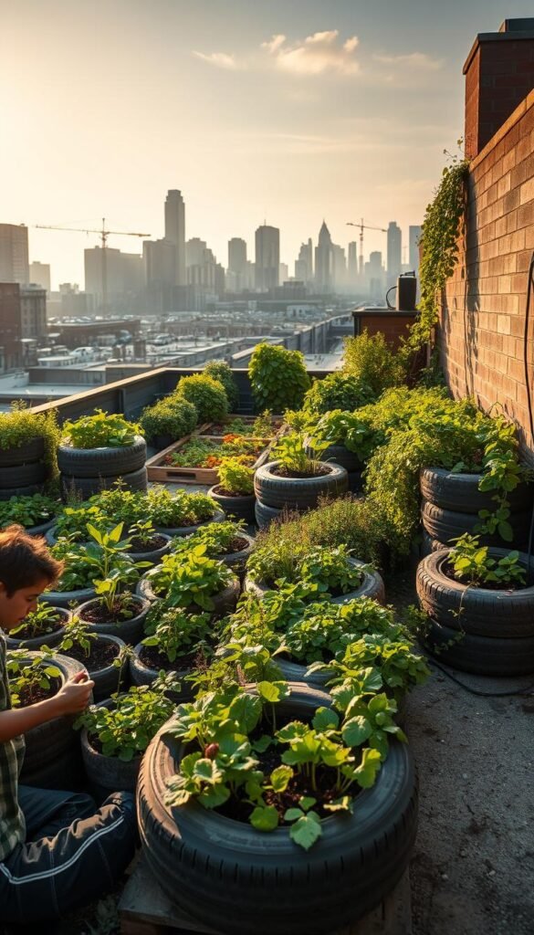 An urban rooftop garden thrives in the morning sun, verdant plants cascading from raised beds and repurposed containers. In the foreground, a young person kneels, tending delicate seedlings with care. The middle ground reveals a patchwork of lush greens, herbs, and vibrant flowers, nestled among old tires and wooden pallets. The background shows the city skyline, buildings and cranes rising behind the garden oasis. The scene has a sense of quiet industry, a hidden sanctuary amidst the urban sprawl. Warm, diffused lighting illuminates the productive tableau, highlighting the textures of soil, leaves, and reclaimed materials. This is a tactical approach to guerrilla gardening, transforming neglected spaces into lush, productive pockets of life.