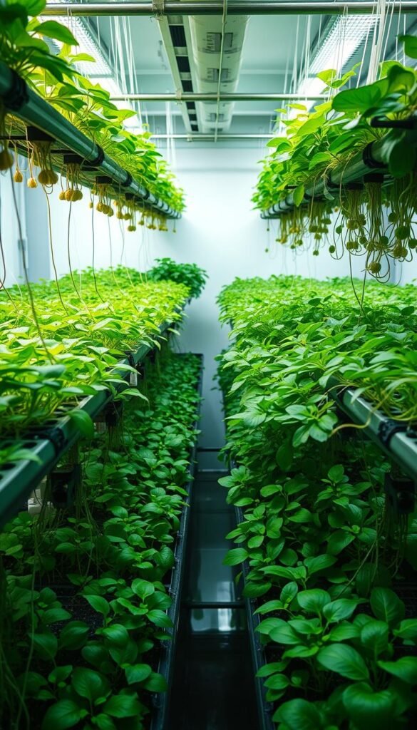 Hydroponic system varieties: a lush indoor garden, filled with thriving plants suspended in a matrix of clear nutrient-rich waters. Soft, diffused lighting illuminates the scene, casting gentle shadows and highlights on the diverse array of hydroponic setups - from deep water culture tanks to NFT channels, ebb and flow systems to aeroponics. The plants, lush and vibrant, seem to float weightlessly, their roots submerged in the carefully balanced solutions. The overall atmosphere is one of tranquility and scientific precision, inviting the viewer to appreciate the nuanced techniques of modern hydroponic cultivation.